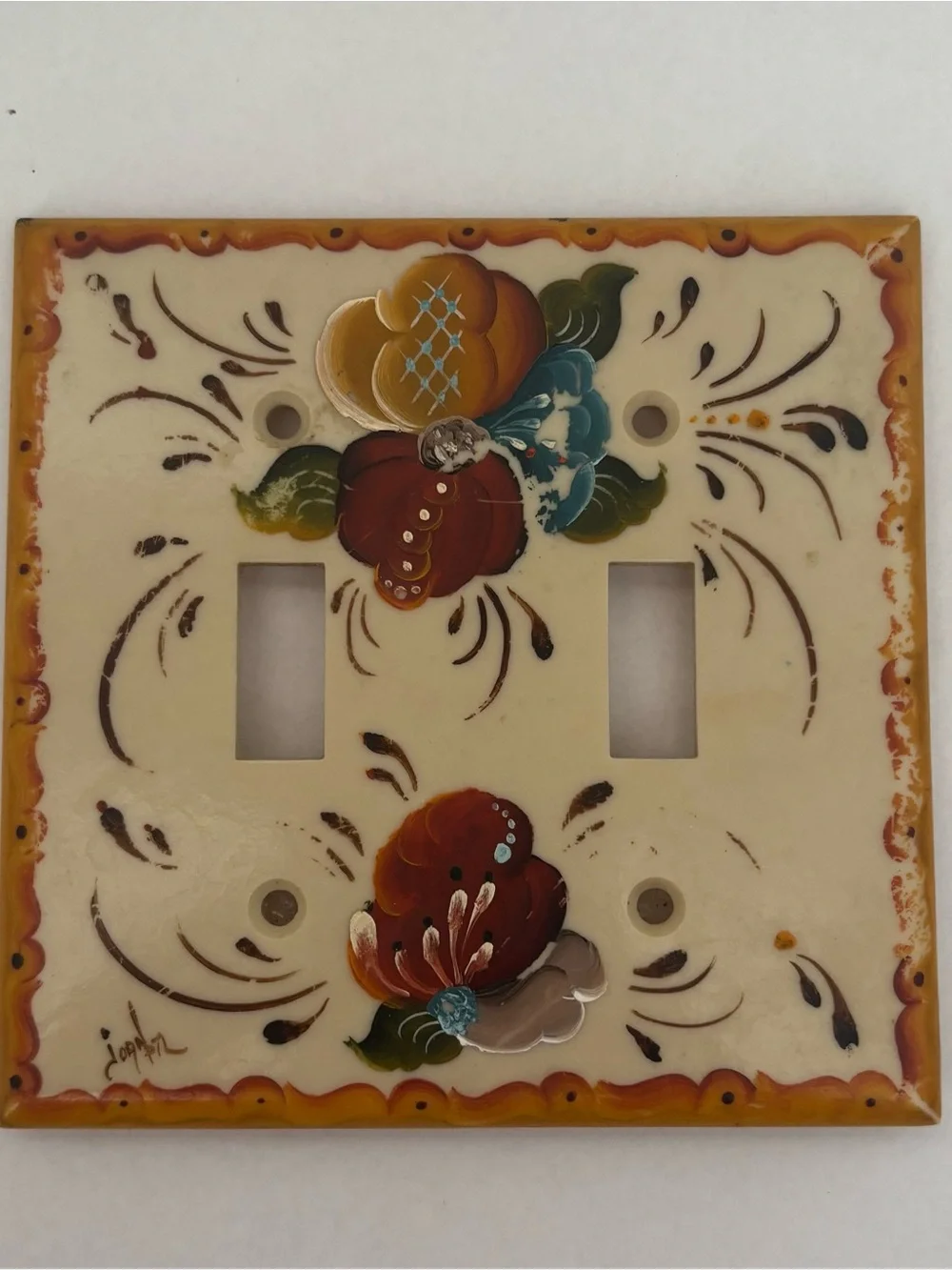 Scandinavian Folk Art Hand-Painted Double Toggle Vintage Plastic Switch Cover
